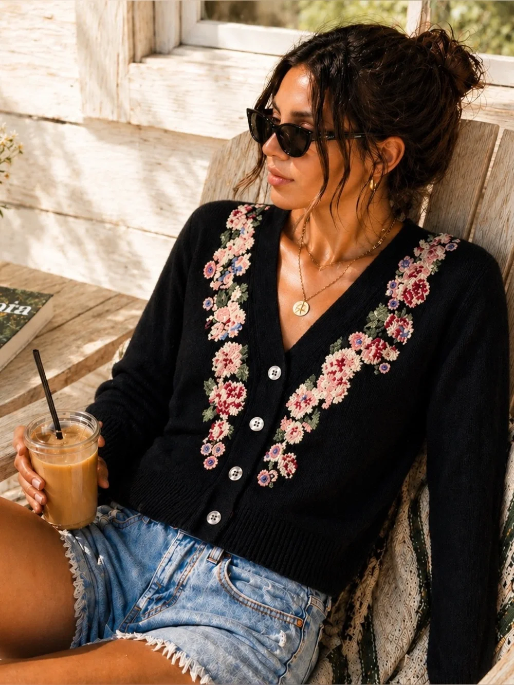 Vintage JH Collectibles Floral Embroidered Black Cardigan Sweater Cottagecore S